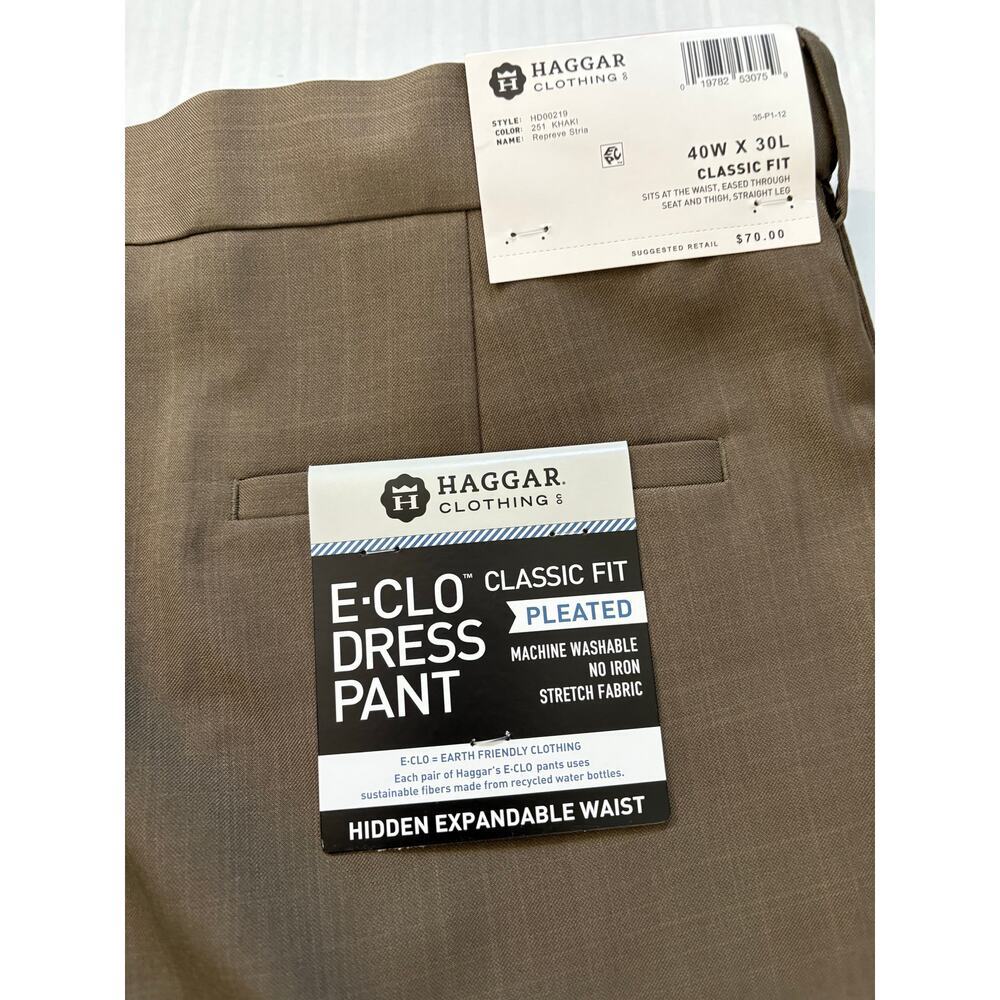Haggar Men's E-CLO Repreve Stria Pleat Front Dress Pant Khaki Size 40W x 30L 70 - Picture 7 of 7